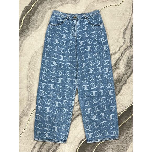 Chanel 23B Runway Light Blue Denim White CC Print Logo Baggy Oversized Jeans 36 - Picture 4 of 10